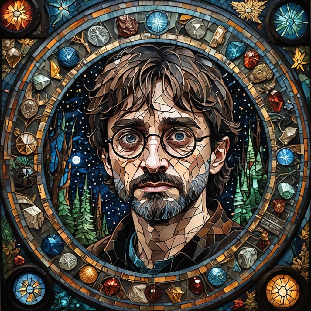 Stained Glass Time Traveler Portrait with Stoic Symbols