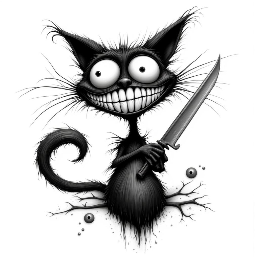 Whimsical Cat with Knife in Burton Style