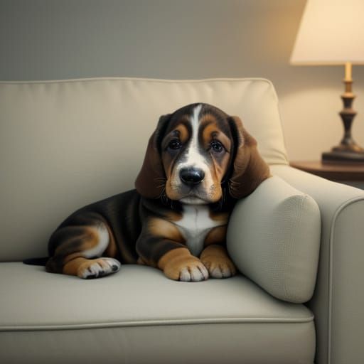 Cute Basset Hound Puppy Sleeping Peacefully on Couch