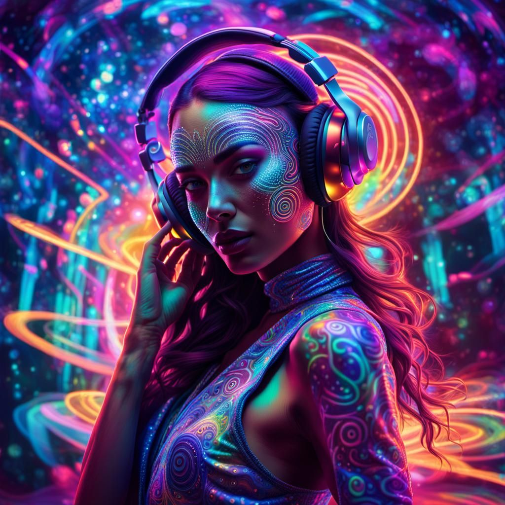 Holographic Rave Girl in Cosmic Astral Illustration