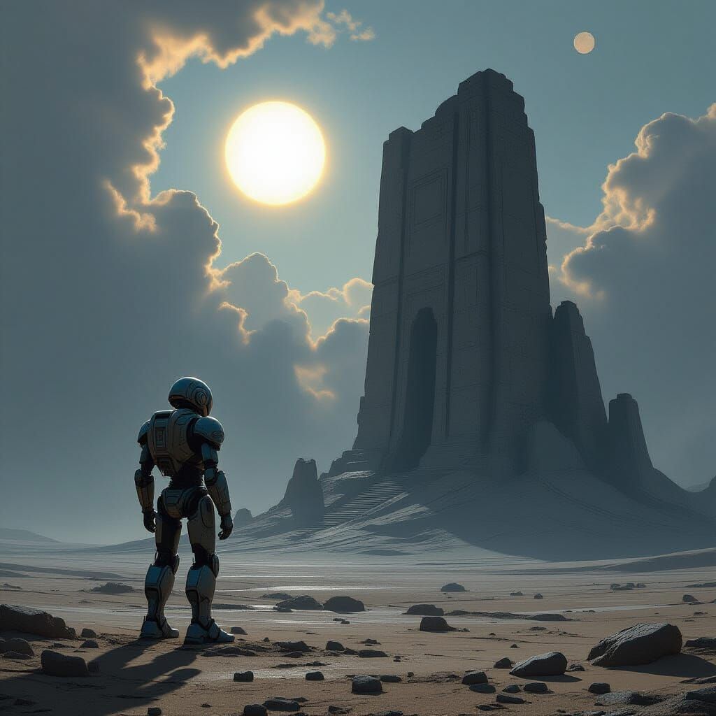 Lone Robot Surveys Ancient Ruins Under Twin Suns