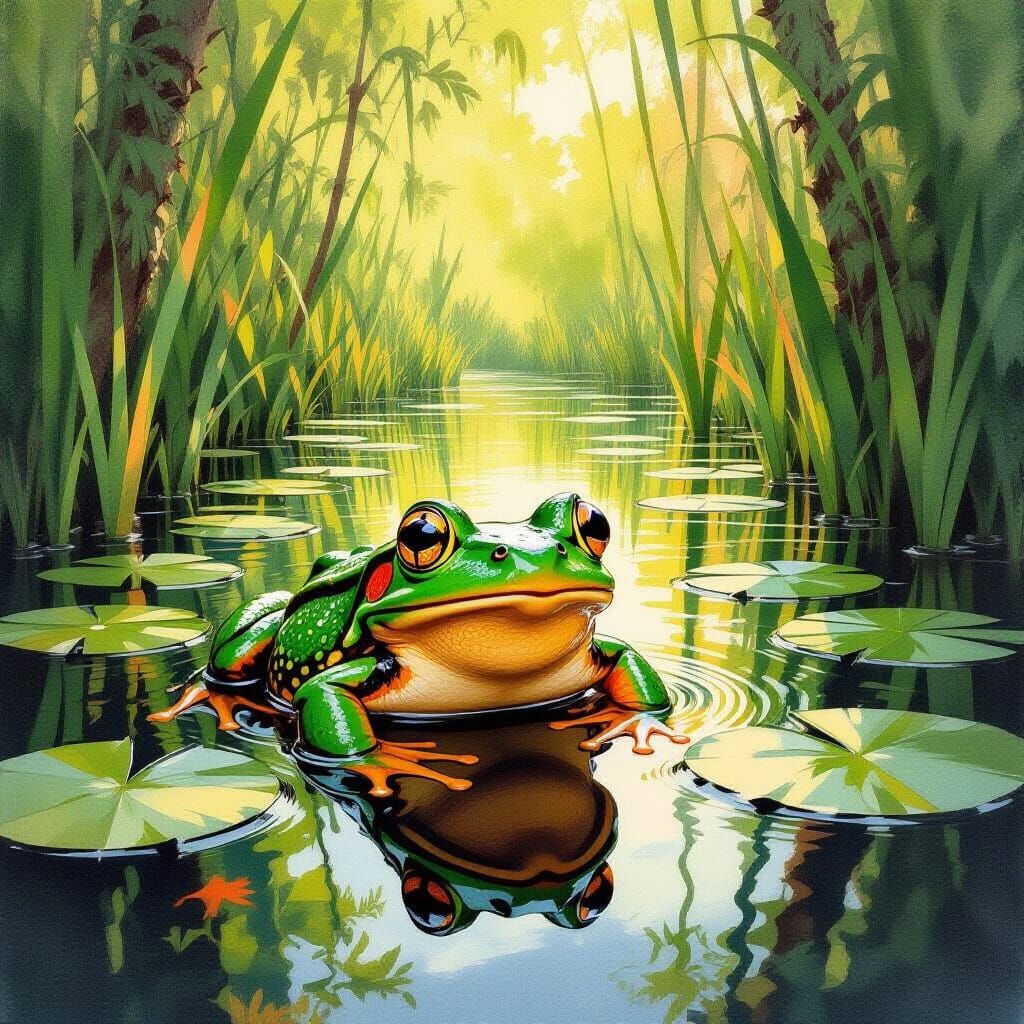 Whimsical Swamp Frog in Hyperrealistic Watercolour Illustrat...