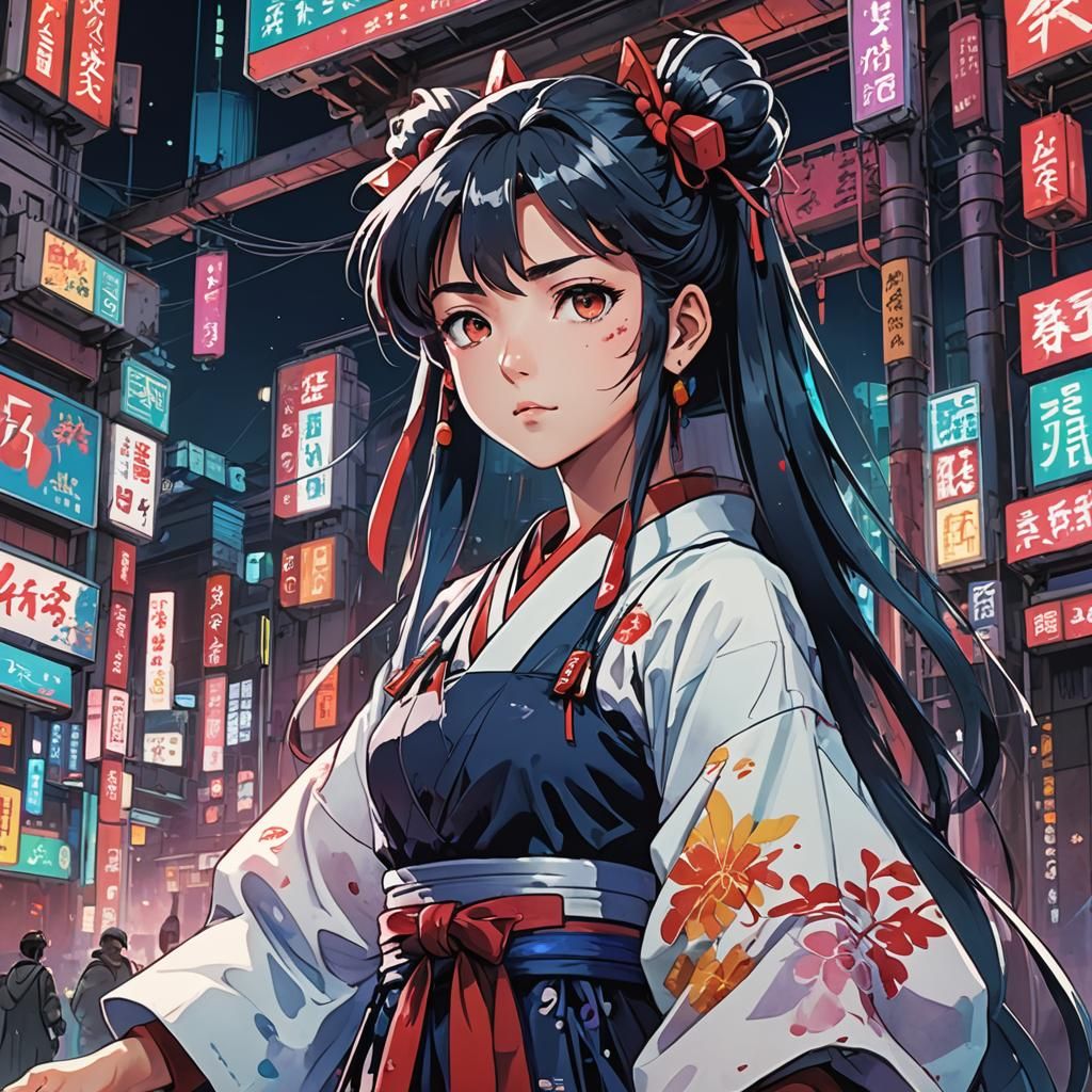 Cyberpunk Shrine Maiden in 90s Anime Style