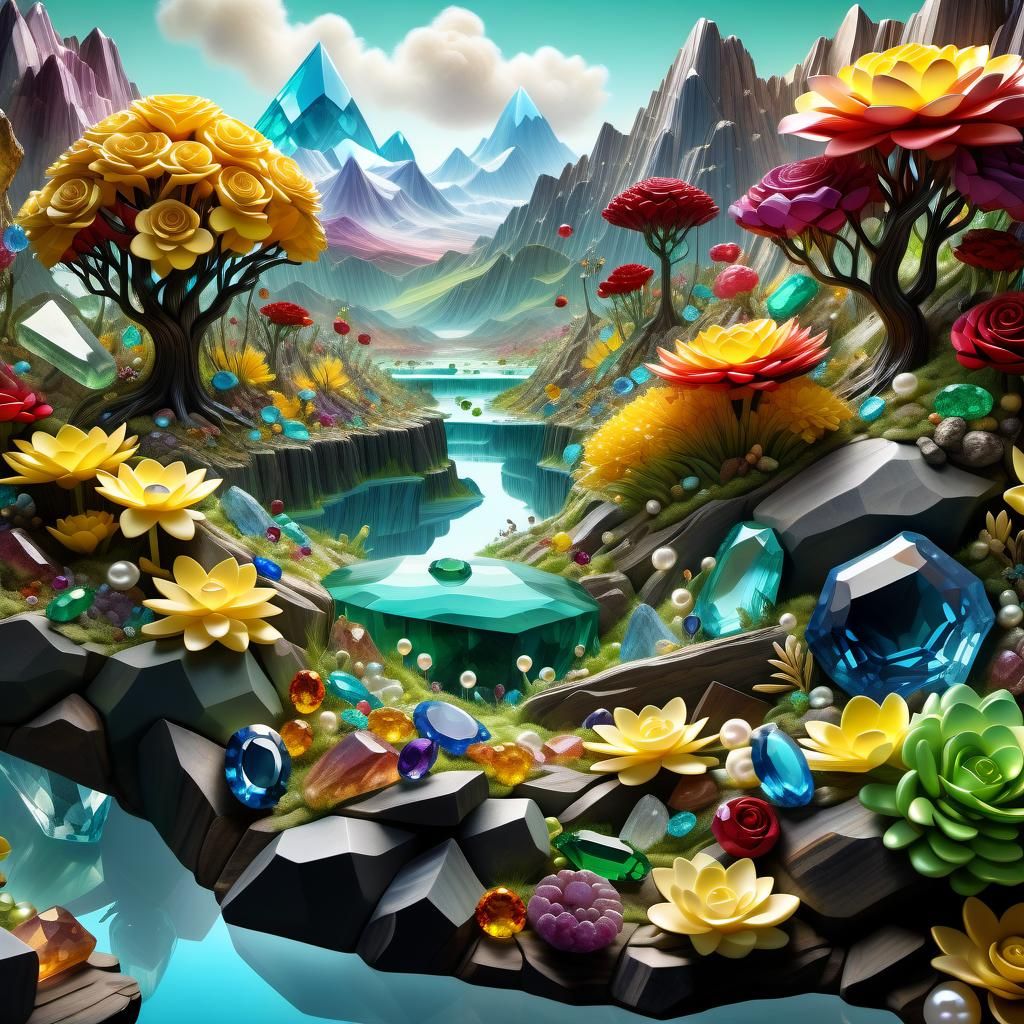 Surreal Gemstone Garden at Sunset in Vibrant Matte Painting