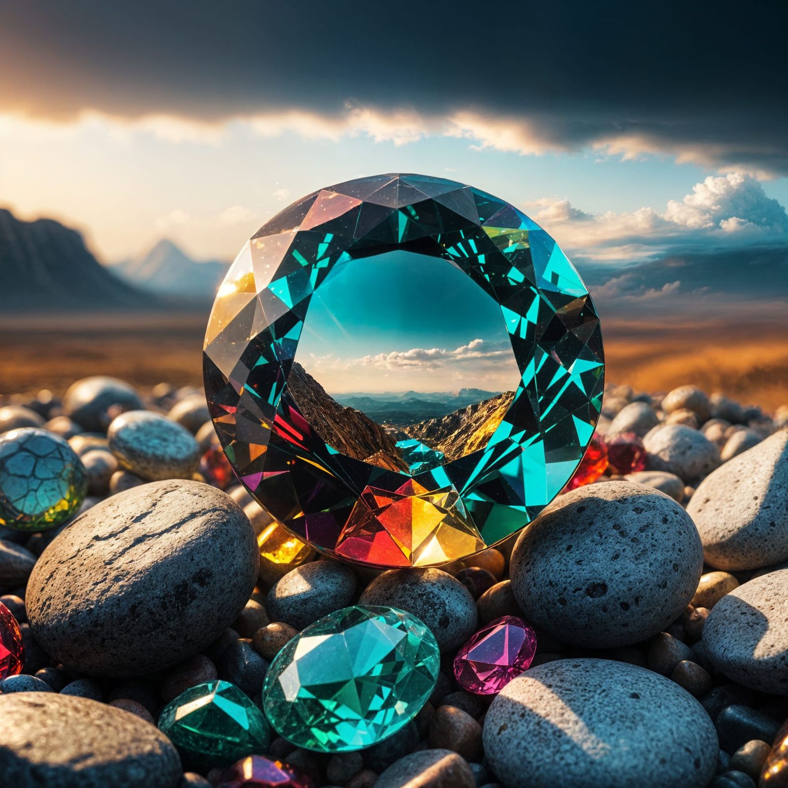 A Rainbow of Colorful Gemstones Shines in a Hyperrealistic S...