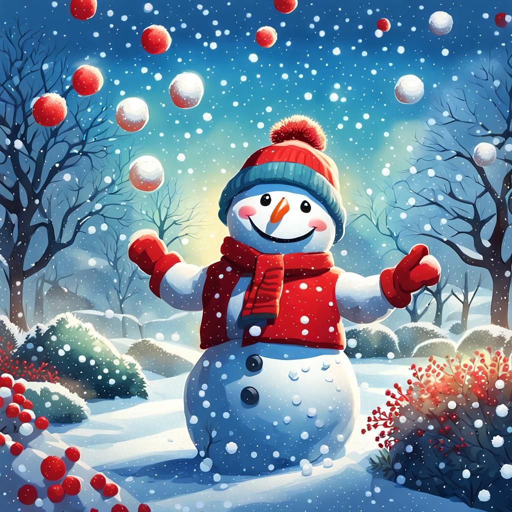 Snowman Having Fun Throwing Snowballs: Digital Illustration