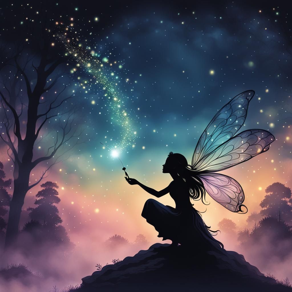 Ethereal Fairy Silhouette in Dark Ink Paint