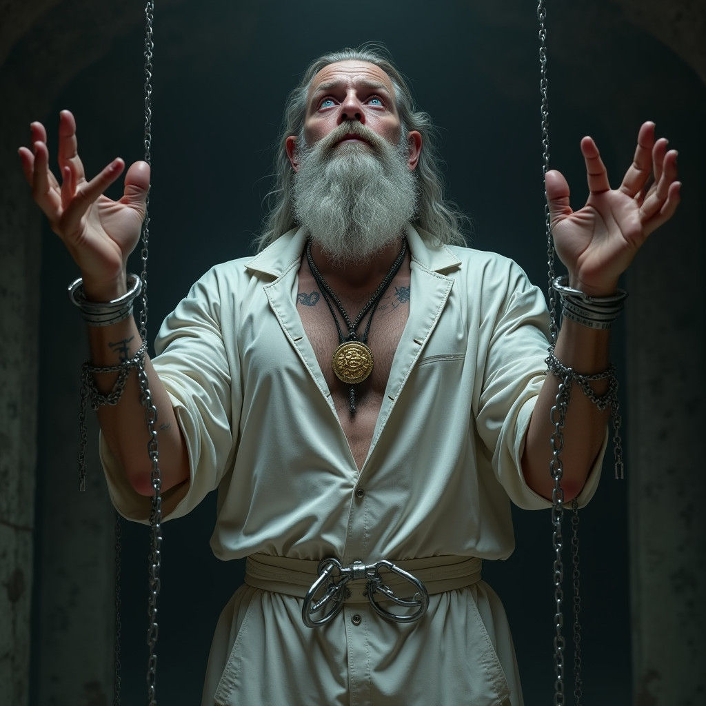 Dark Fantasy Man in Chains: Realistic Dungeon Scene