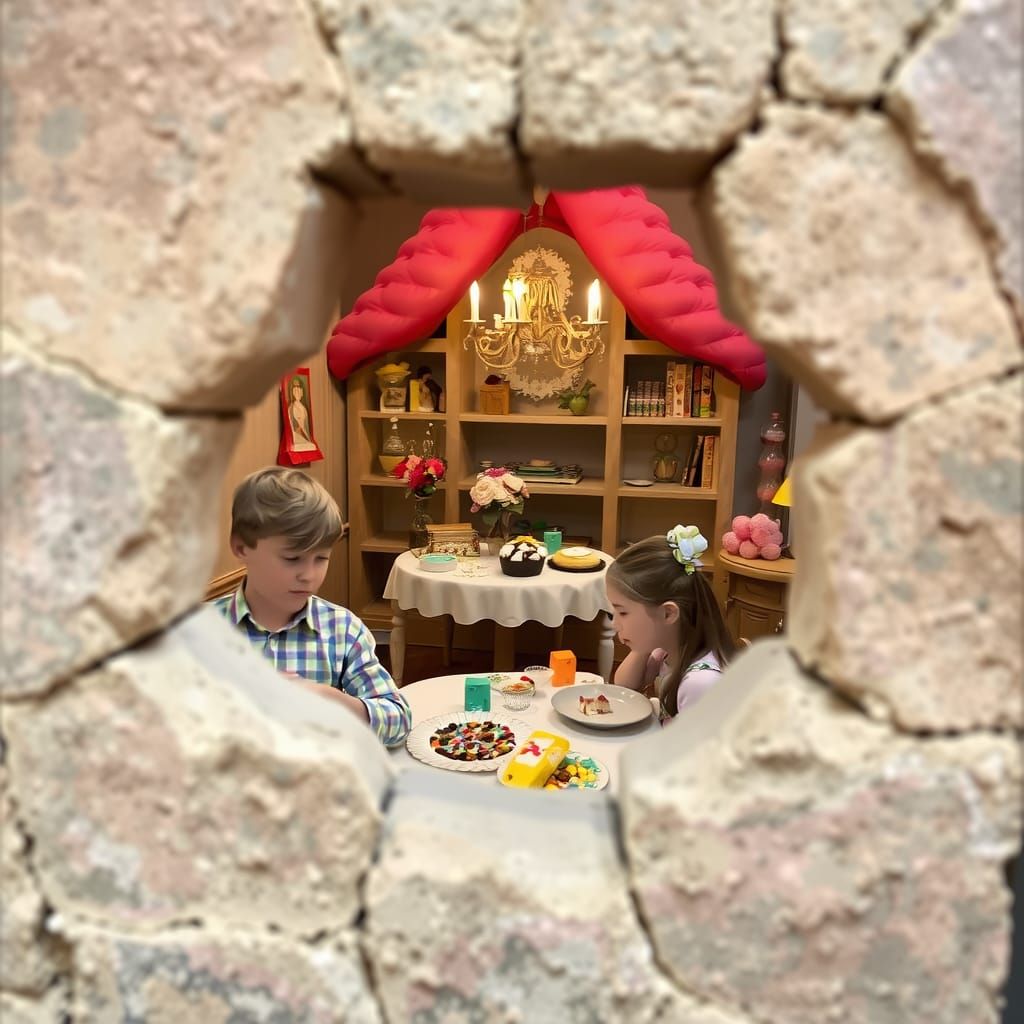 Fantasy Candy House Scene Through Ancient Wall