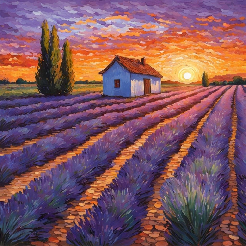 Van Gogh-Inspired Sunset over Lavender Fields