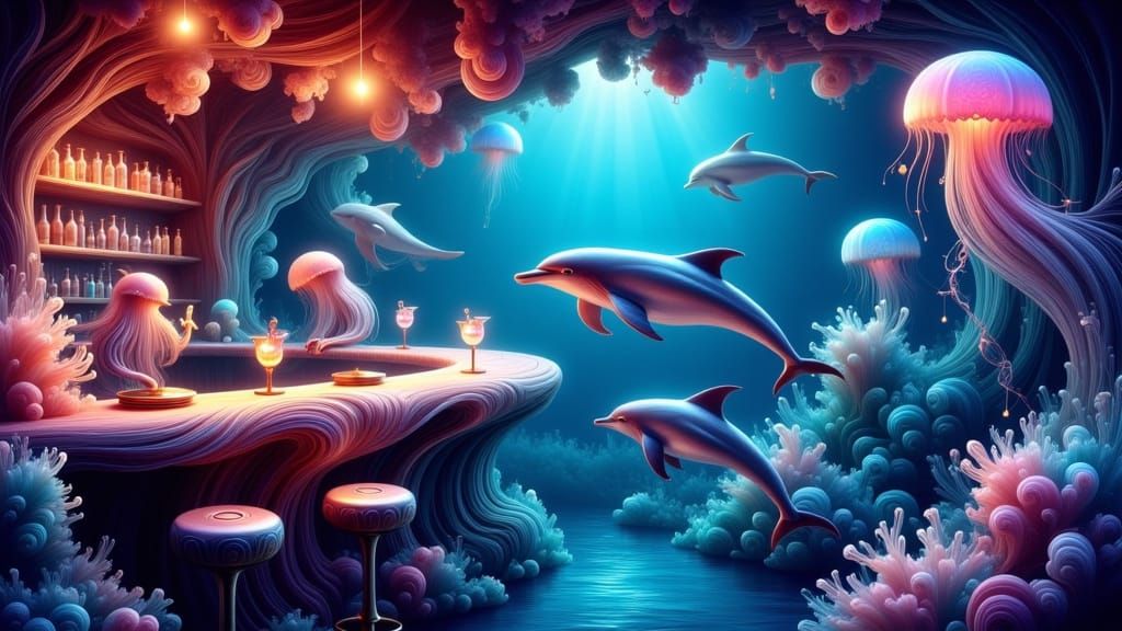 Dolphins in a Vibrant Underwater Nightclub
