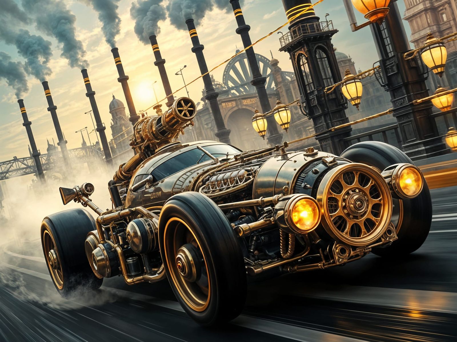 Steampunk Racecar Dominates Victorian-Era Cityscape in Cyber...