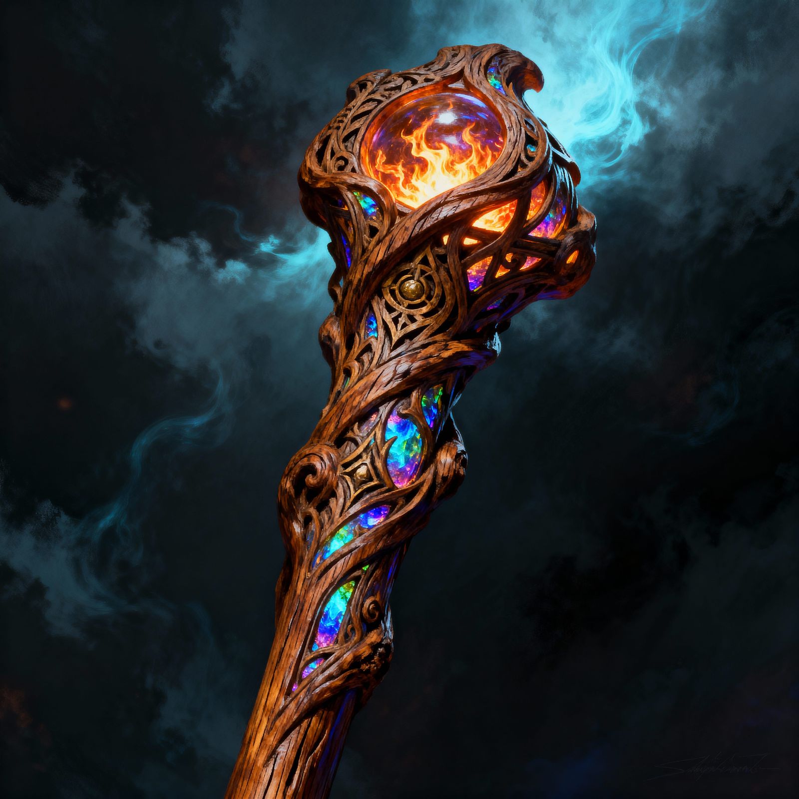 Oakwood Wizard Staff with Iridescent Fire