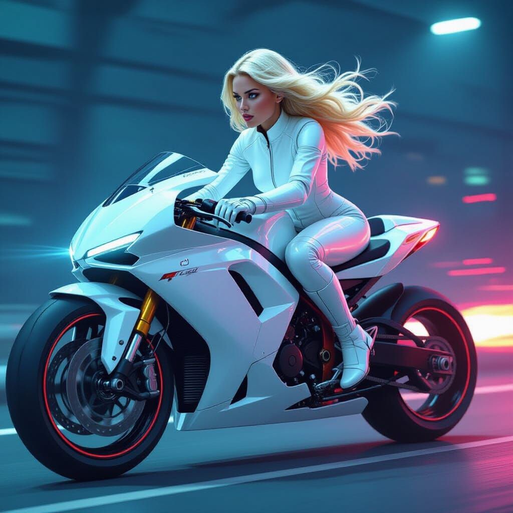 Futuristic Woman Rides Motorcycle in Cyberpunk Style