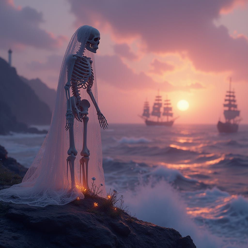 Skeletal Bride Stands at the Edge of Eternity