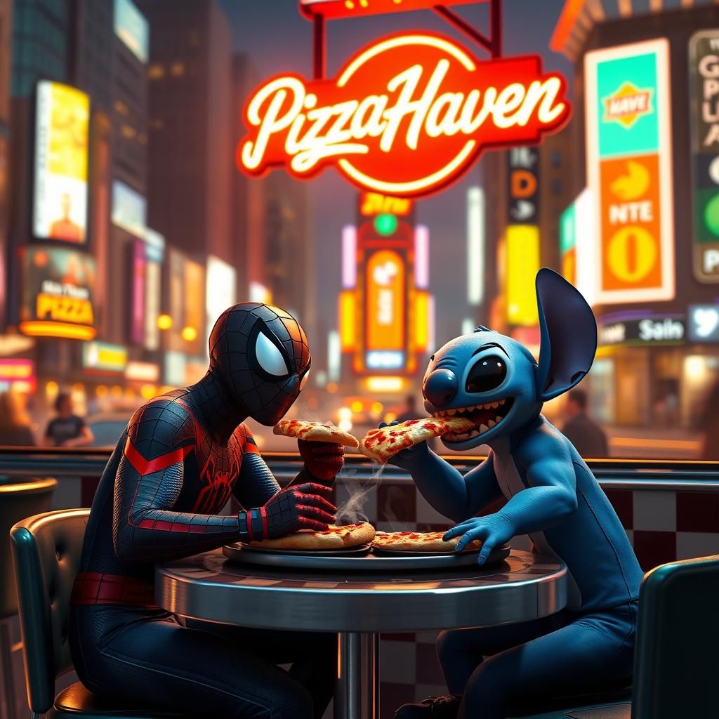 Spider-Man and Stitch at Pizza Haven