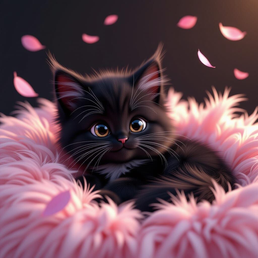 Cute Fluffy Kitten in Feathers, Pixar Style