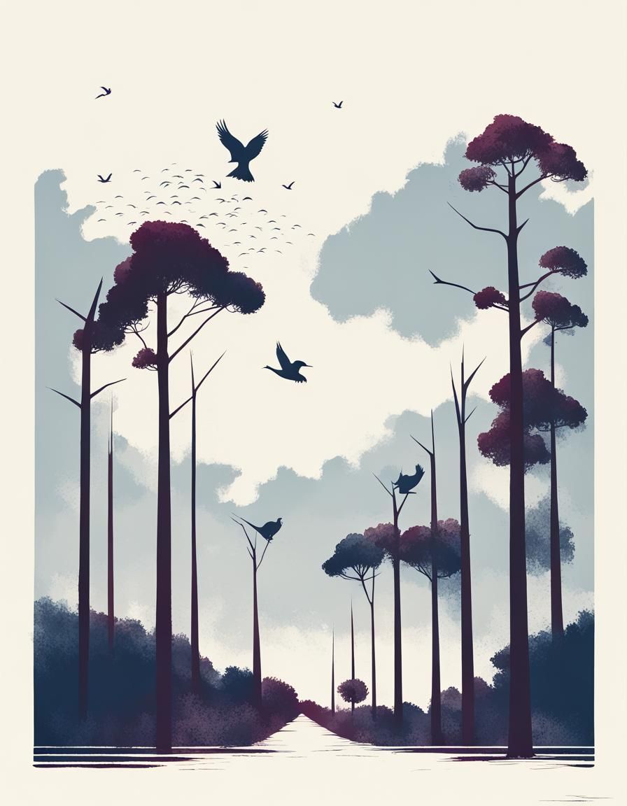 Duotone Trees and Birds Composition