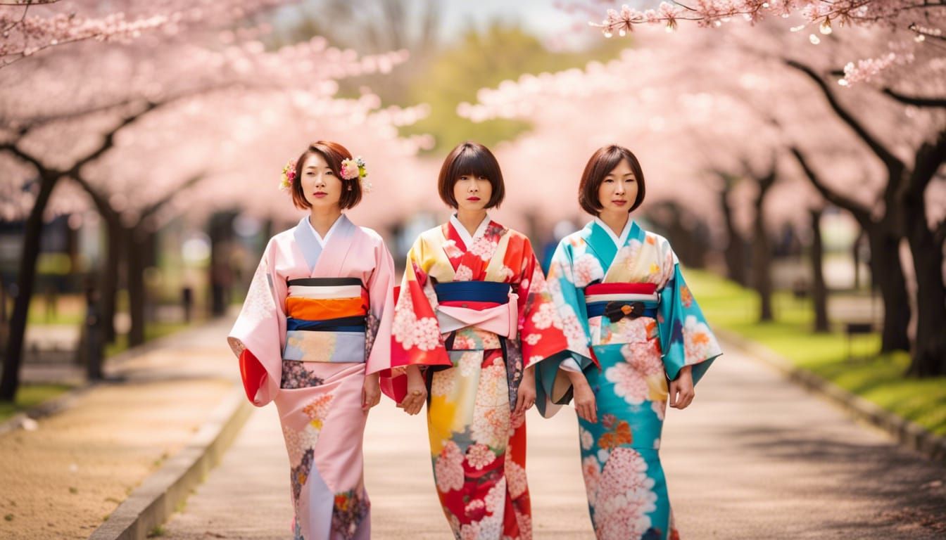 Japanese Ladies in Kimonos Under Cherry Blossoms