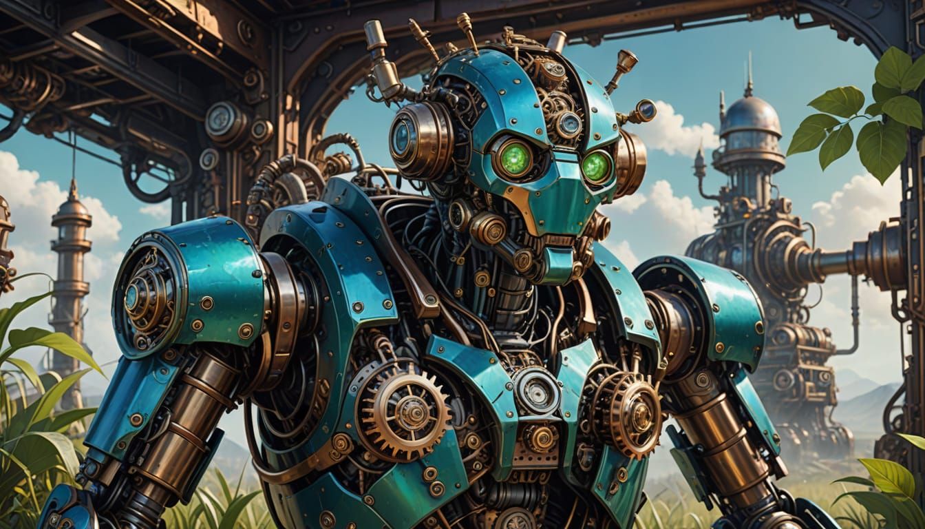 Steampunk Robots Cultivating Nature in Advanced Retro Style