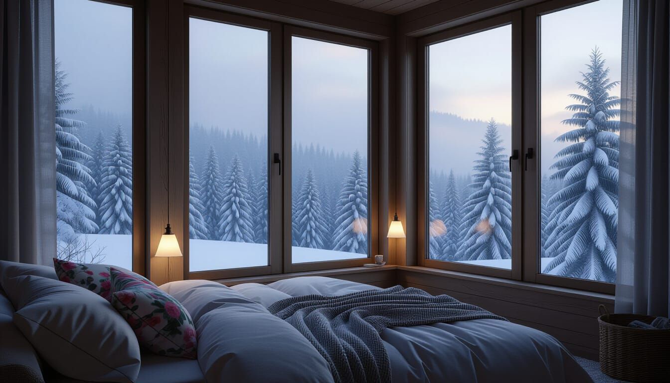 Cozy Bedroom with Snowy Forest View