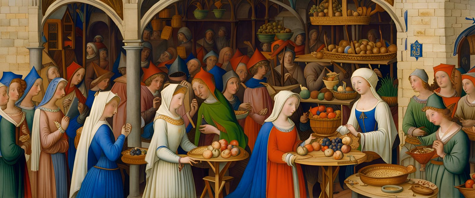 Medieval Market Scene in Illuminated Manuscript Style