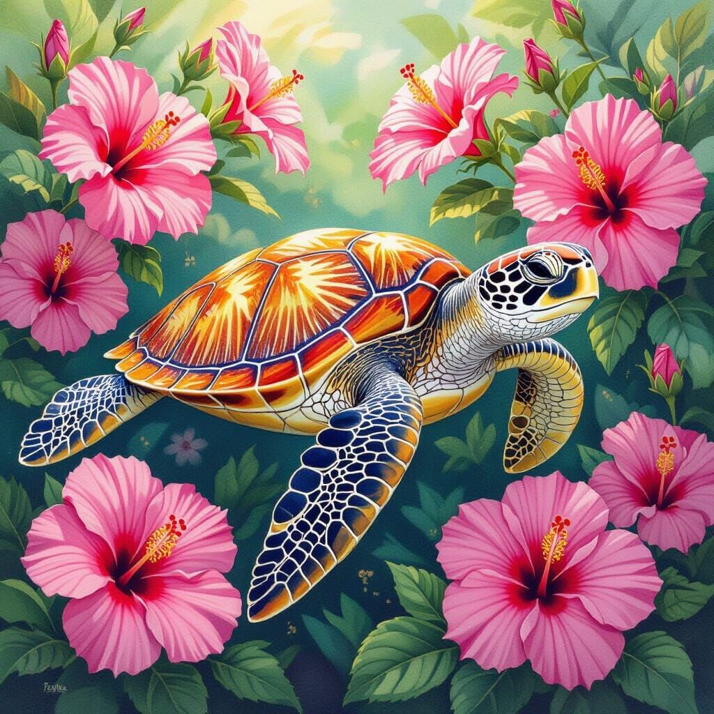 Vibrant Sea Turtle Drawing Amidst Hibiscus Flowers