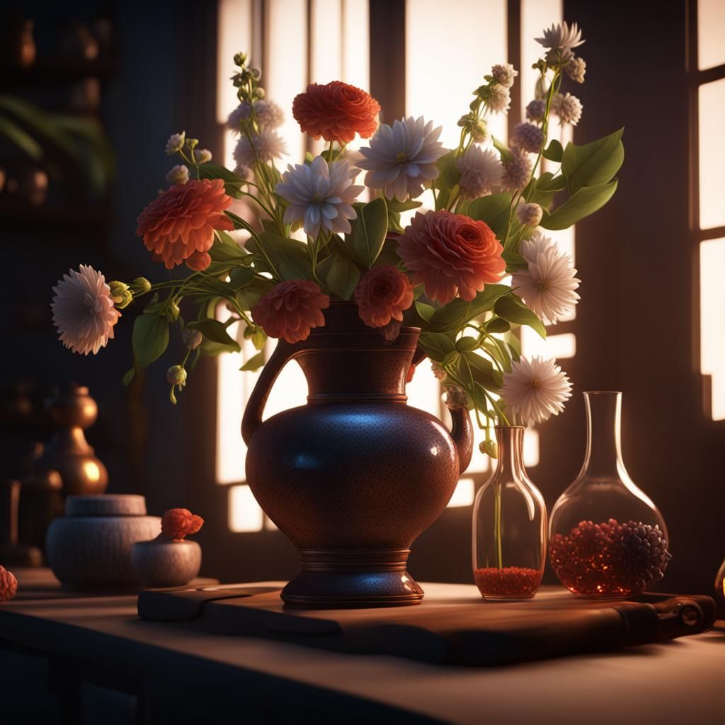 Night Flower Vase Still Life in 3D