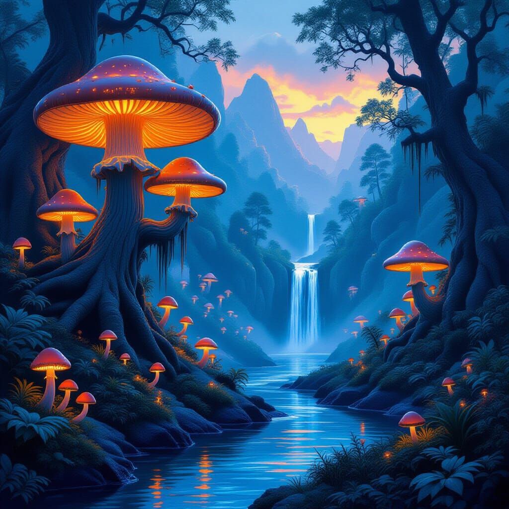 Mystical Glowing Mushroom Landscape in Fantasy Style