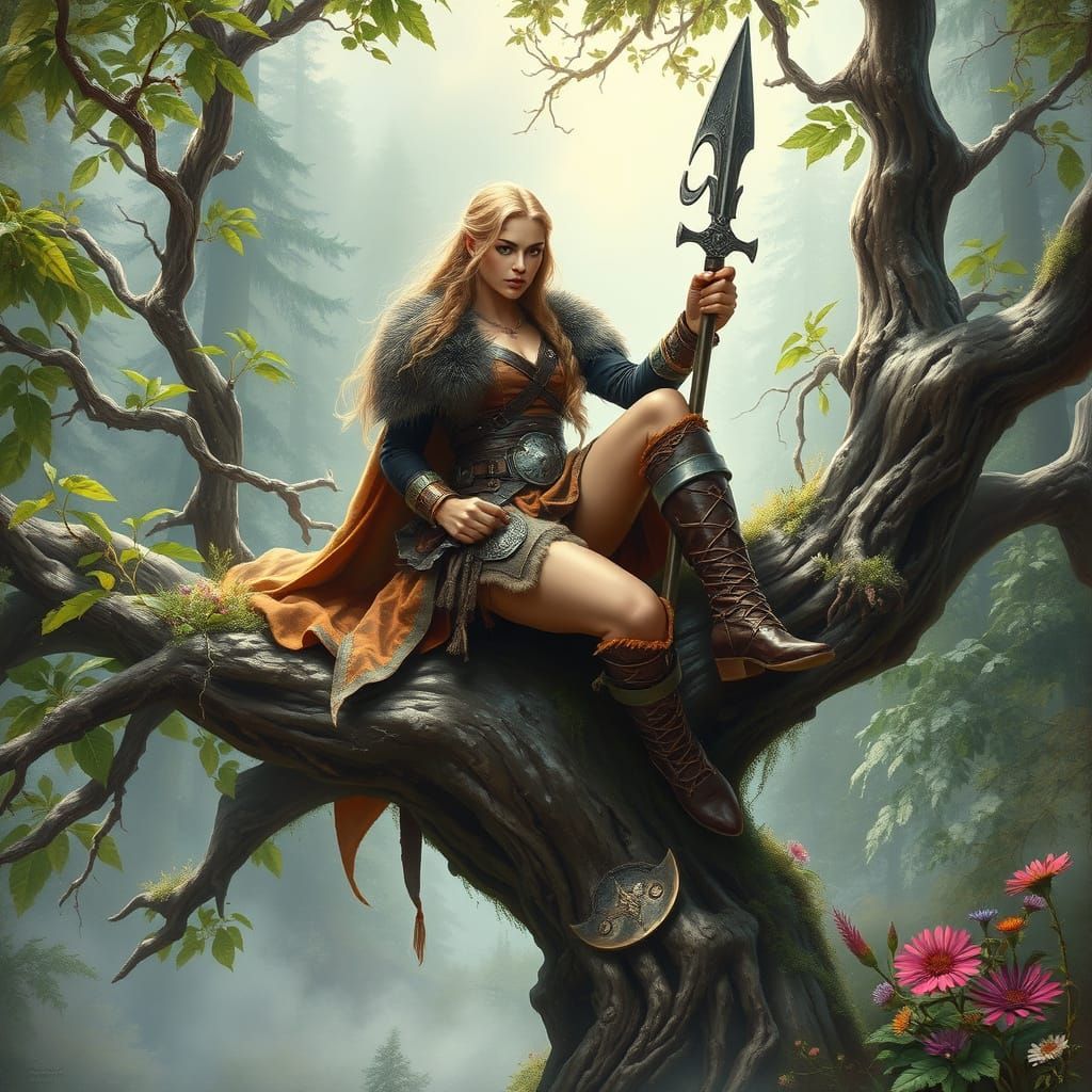 Viking Warrior Goddess Among Nordic Wildflowers