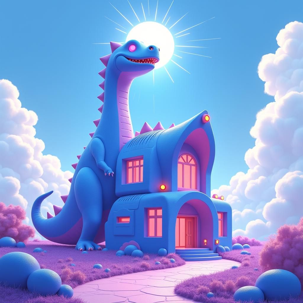 Futuristic Dinosaur House Bathed in Divine Sunshine