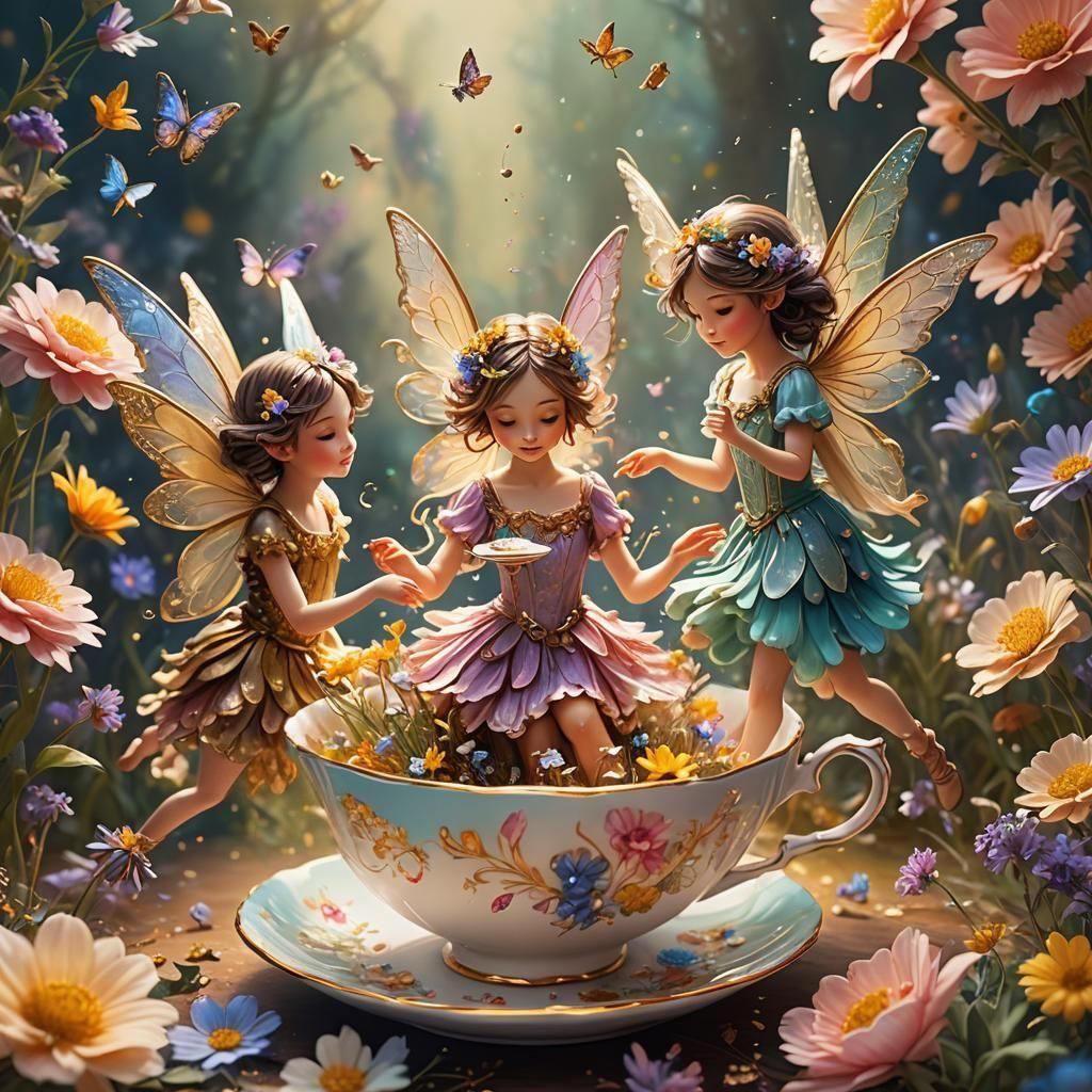 Fairies Dancing in Teacup: Hyperrealistic Splash Art