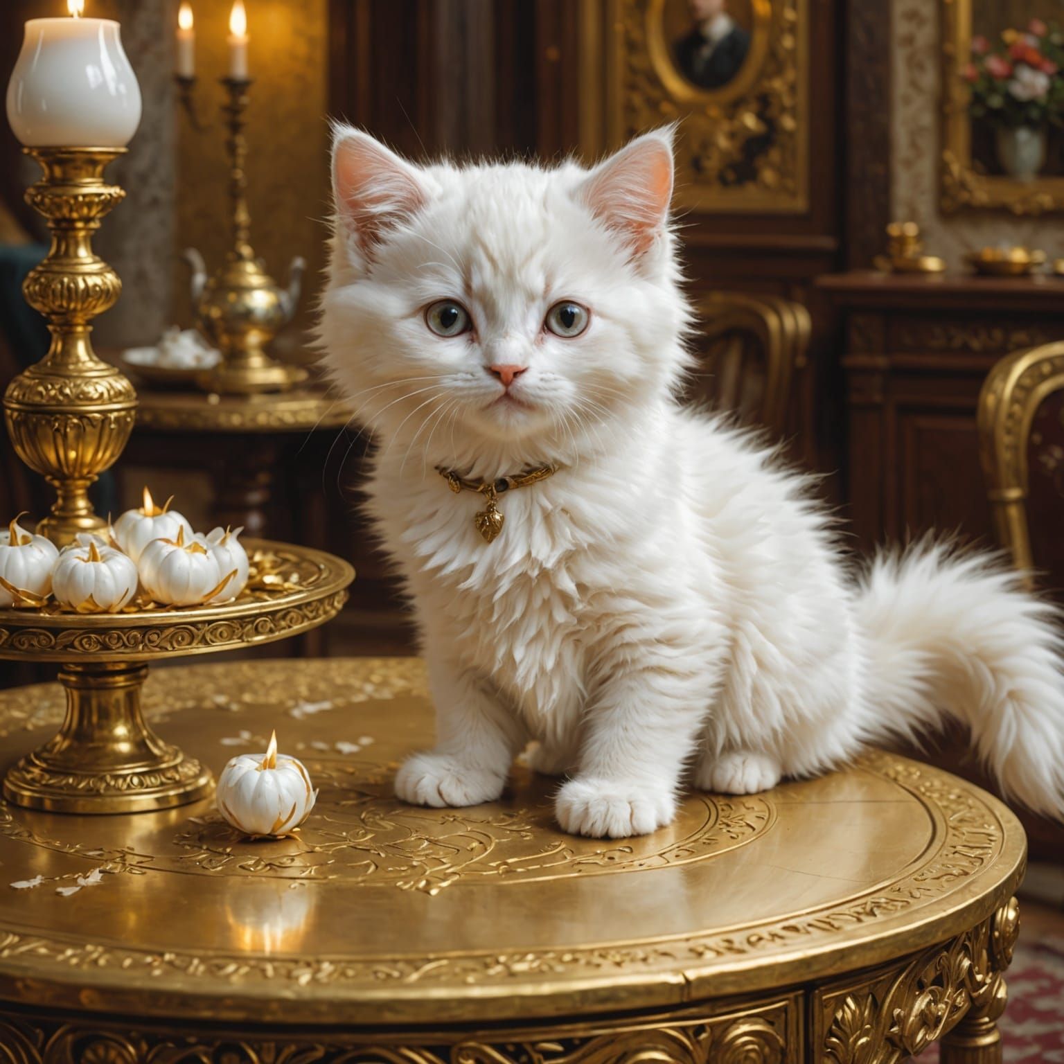 Kitten on Golden Table in Anime Style