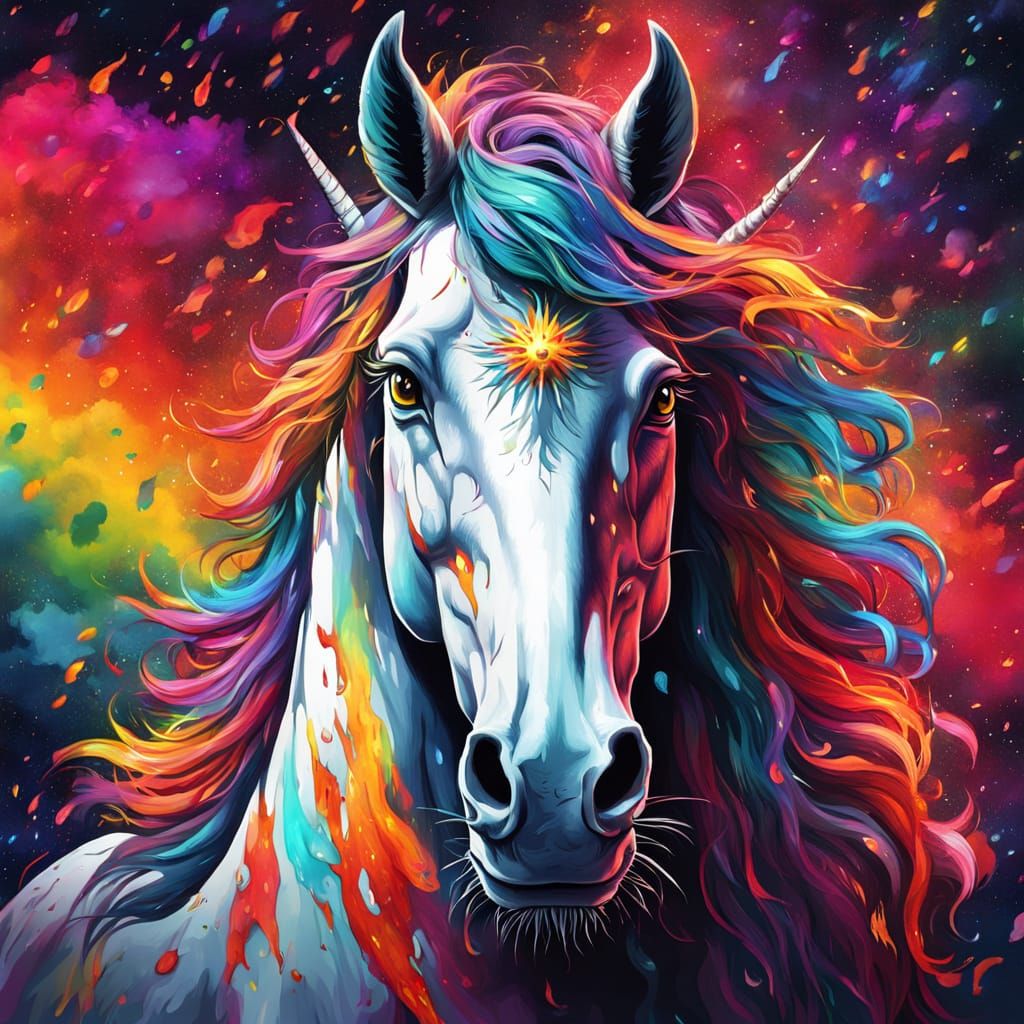 Cosmic Unicorn in Mythical Forest as Graffiti Art