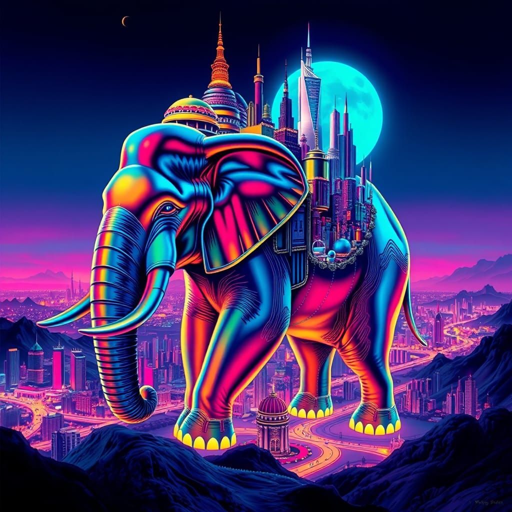 Neon Elephant Cityscape in Psychedelic Futuristic Style