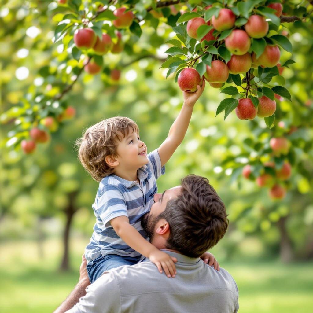 Boy on Shoulders Picking Apple