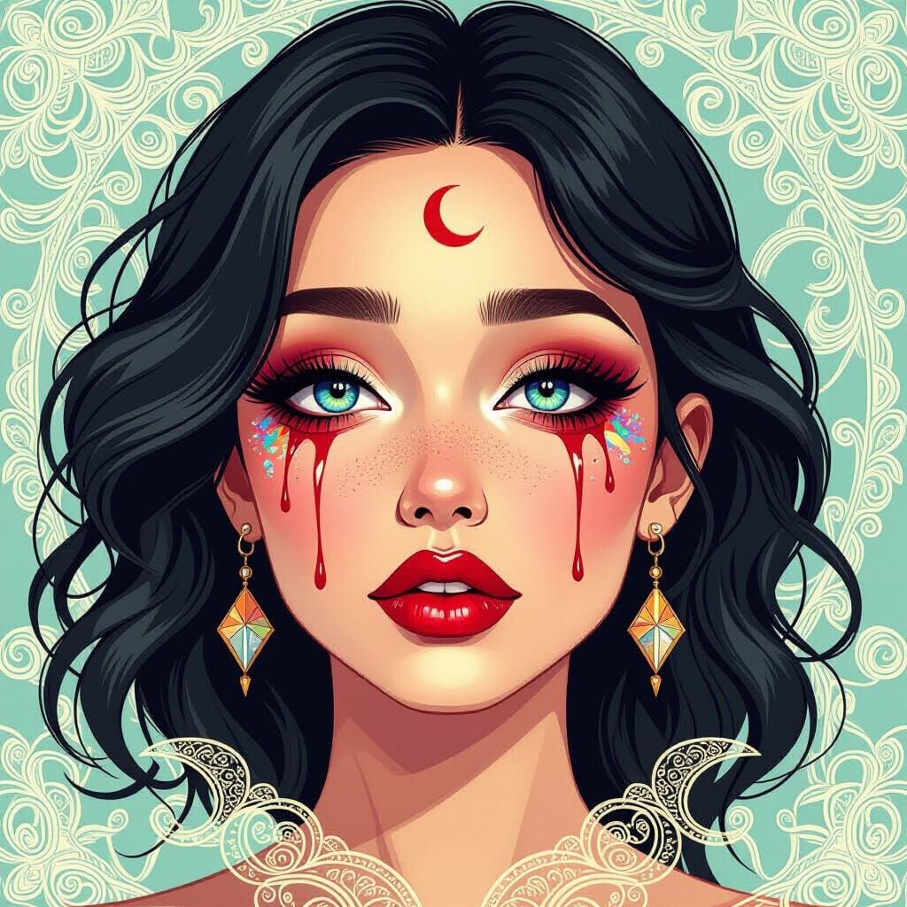 Woman with Prismatic Eyes Crying Blood Tears