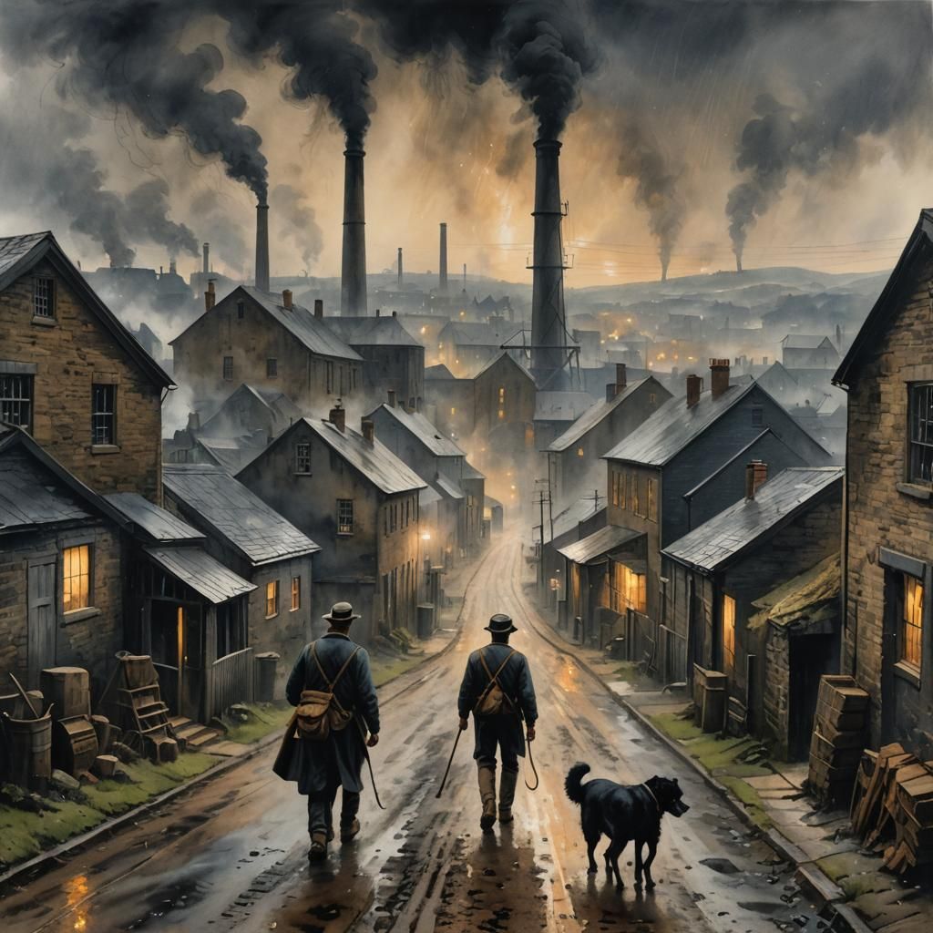 1800s Mill Worker in Industrial Village: Turner-esque Waterc...