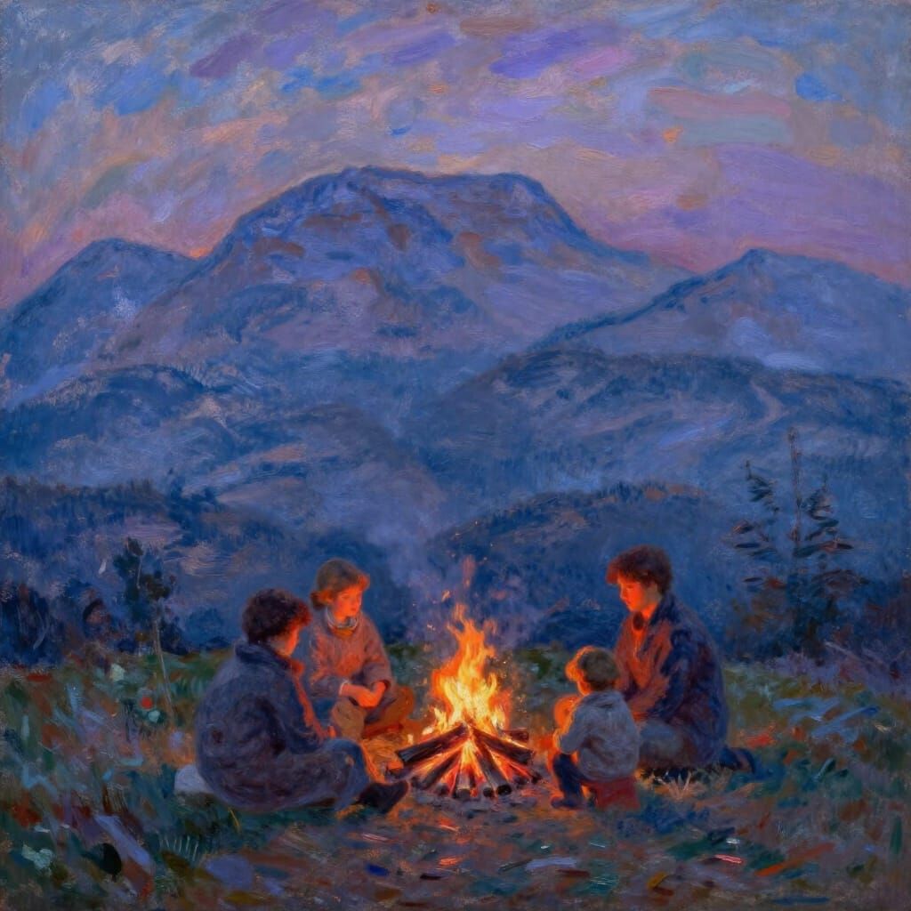 Impressionist Mountain Dusk Scene with Family by Campfire