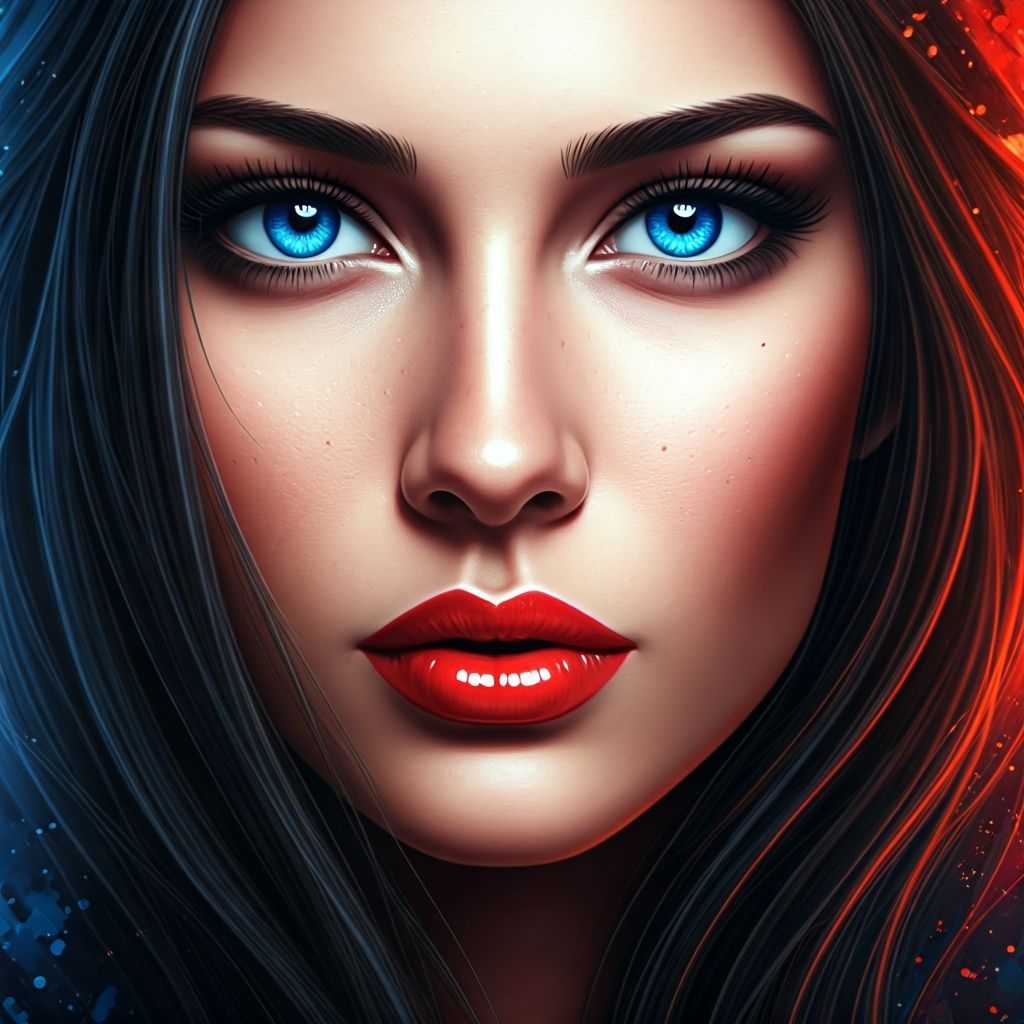 Woman With Radiant Blue Eyes and Red Lips in Splash Art Styl...
