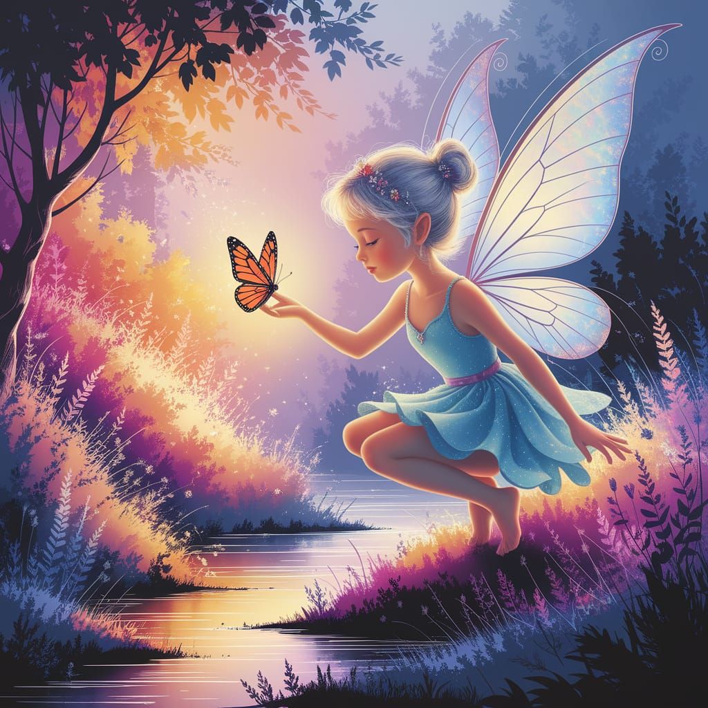 Enchanting Fairy Touches Butterfly in Dreamy Forest