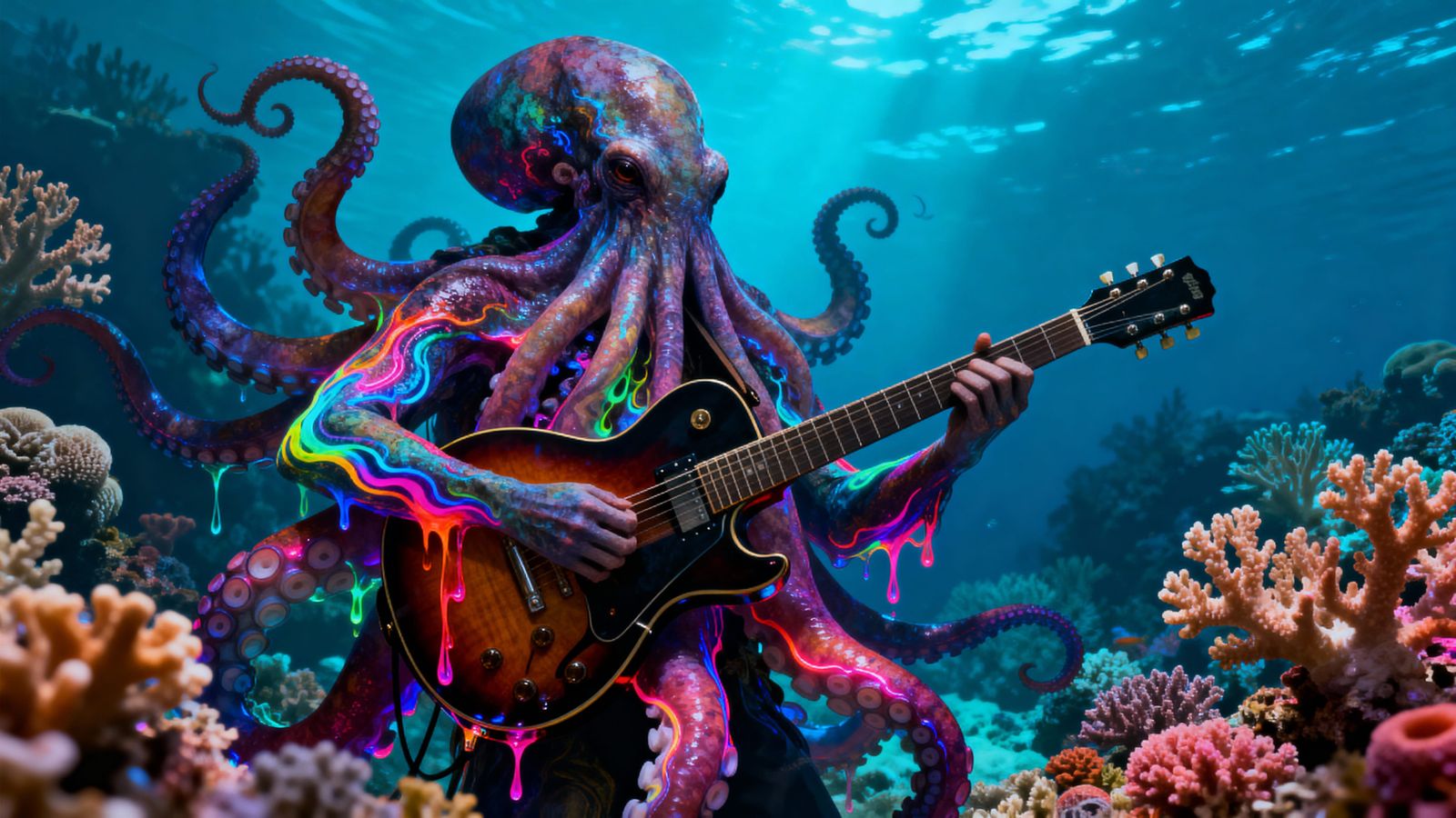 Octopus Playing Guitar in Neon Coral Reef