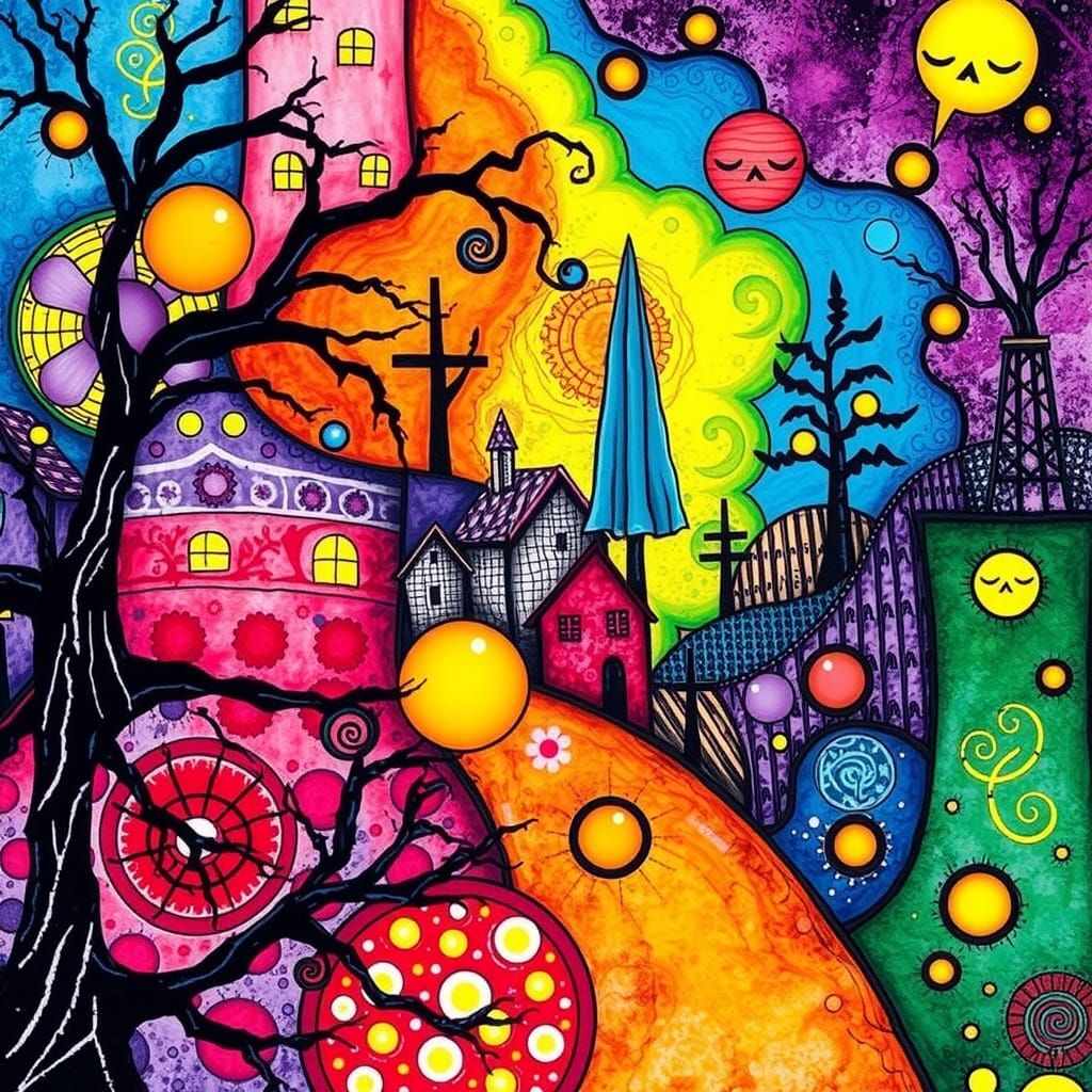 Psychedelic Village in Alcohol Ink Style