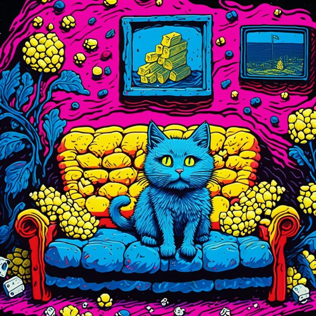 Stoned Cat on Couch in Impasto Style