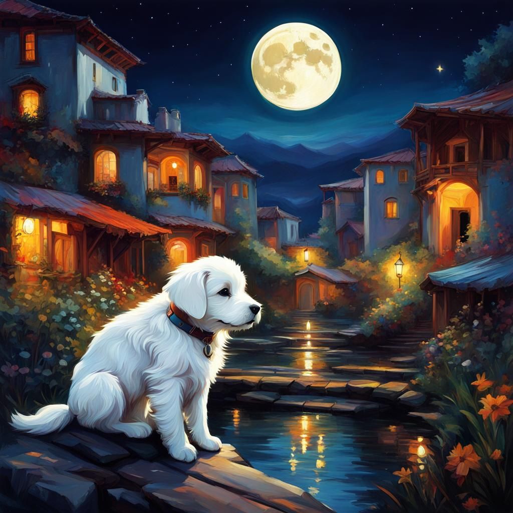 Puppy Under Moon in Anime-Influenced Style