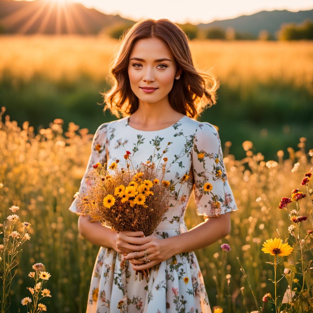 Woman in Wildflower Field: Golden Hour Photography