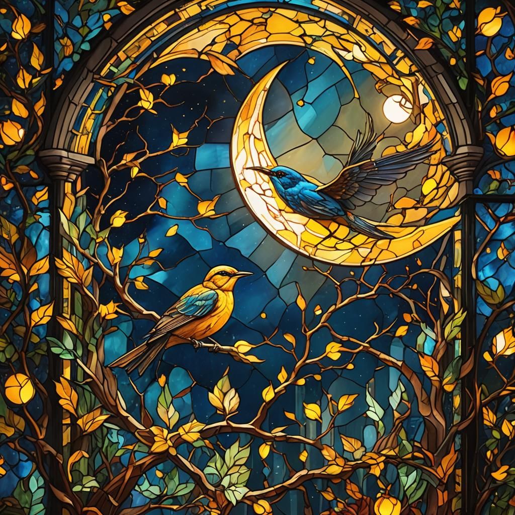 Stained Glass,, scenery of the night, yellow lights. Night b...