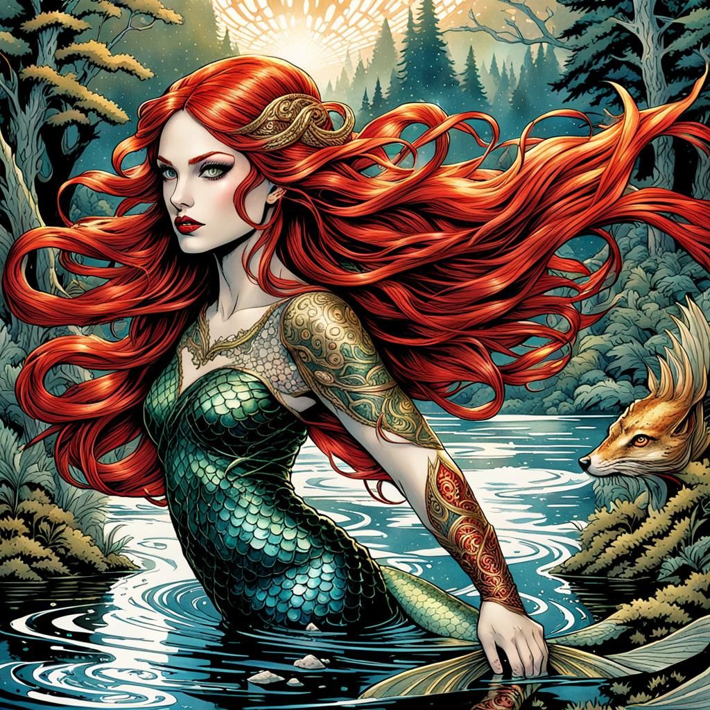 Crimson Mermaid in High Gothic Watercolor Style