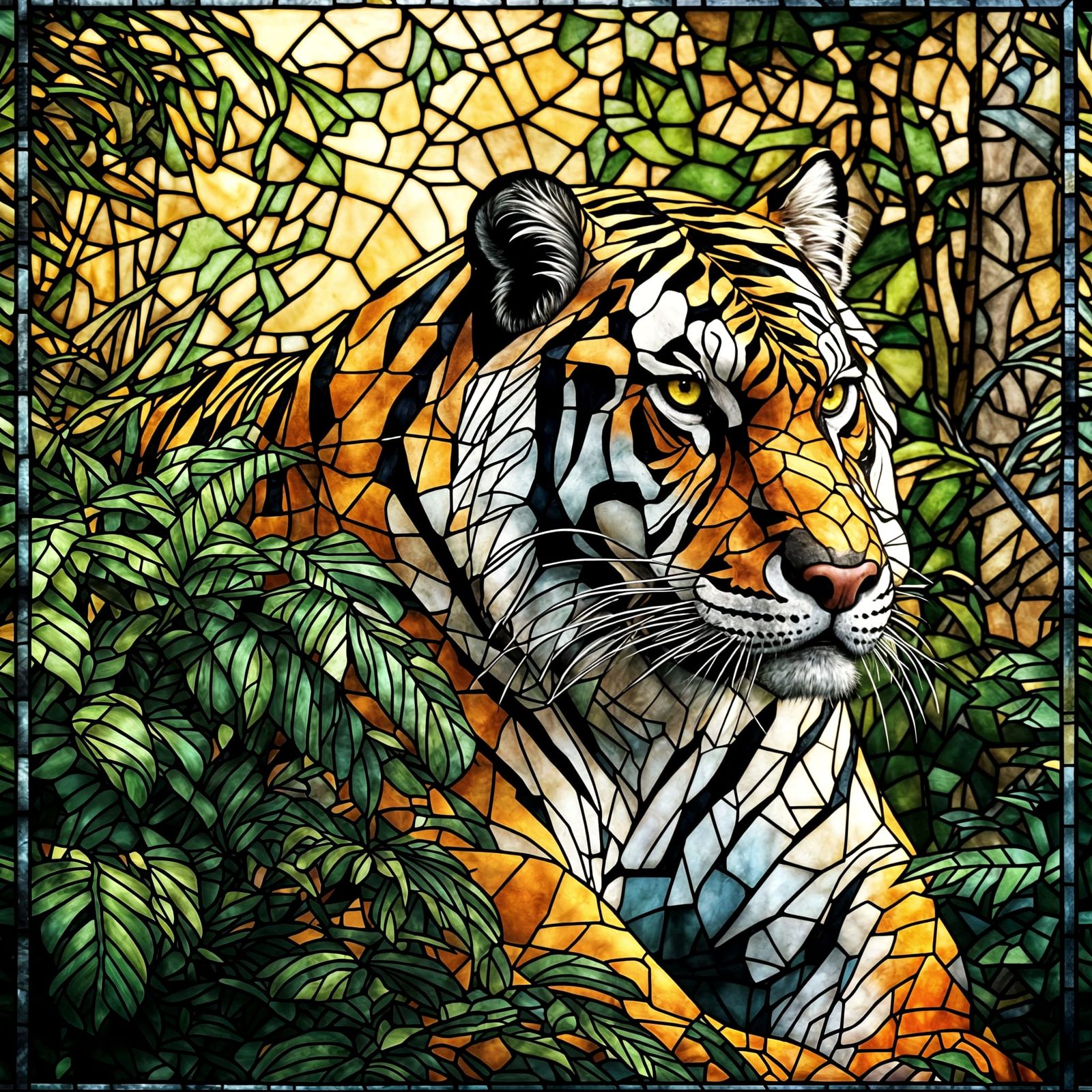 Vibrant Stained Glass Tiger Roams Dense Jungle Landscape