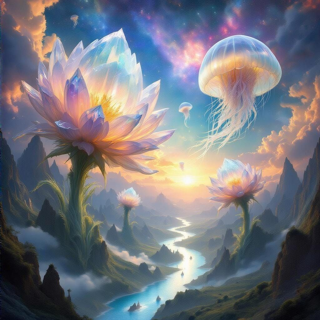 Fantasy World with Starlight Rivers and Crystal Flowers
